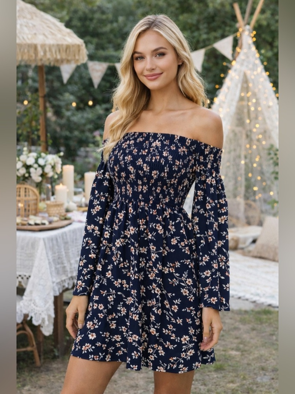Floral Off Shoulder Dress Navy Boho Smocked Mini Long Sleeve Size S Garden Party
